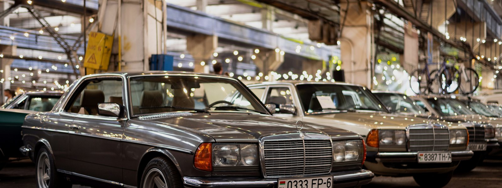 A collection of classic vehicles gathered under warm light